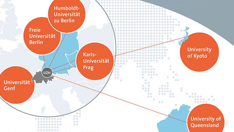 Symbolic world map with the strategic partnerships of UZH